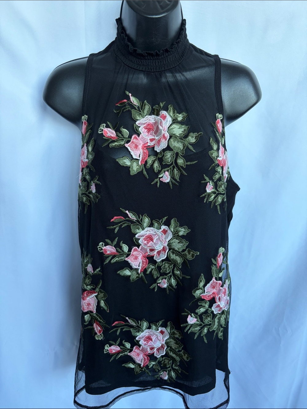 International Concepts Embroidered Sleeveless Blouse M Black/ponk/green, 19” PTP